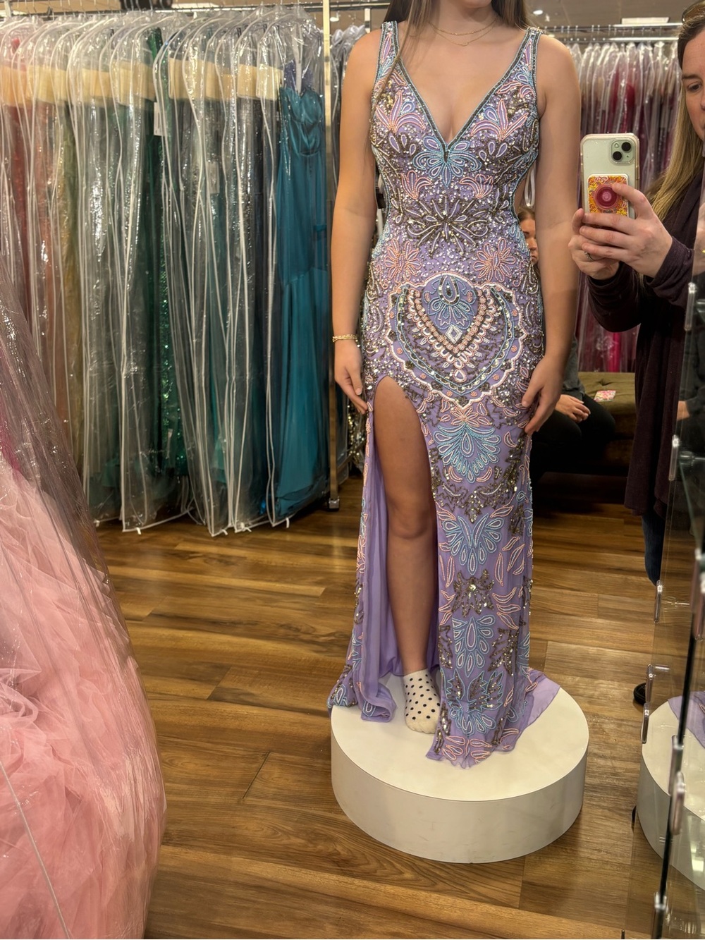 Jovani Lavender Beaded V-Neck Prom Gown with High Slit